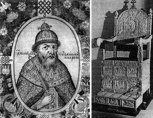 Слева: Иоанн IV, первый царь московский, справа: трон Иоанна Грозного